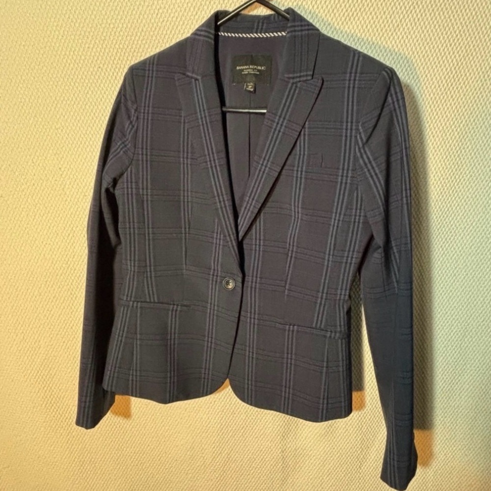 Banana Republic Sz 2P Classic Fit Blazer Plaid Shoulder Pads Buttoned Wool Blend - Picture 9 of 9